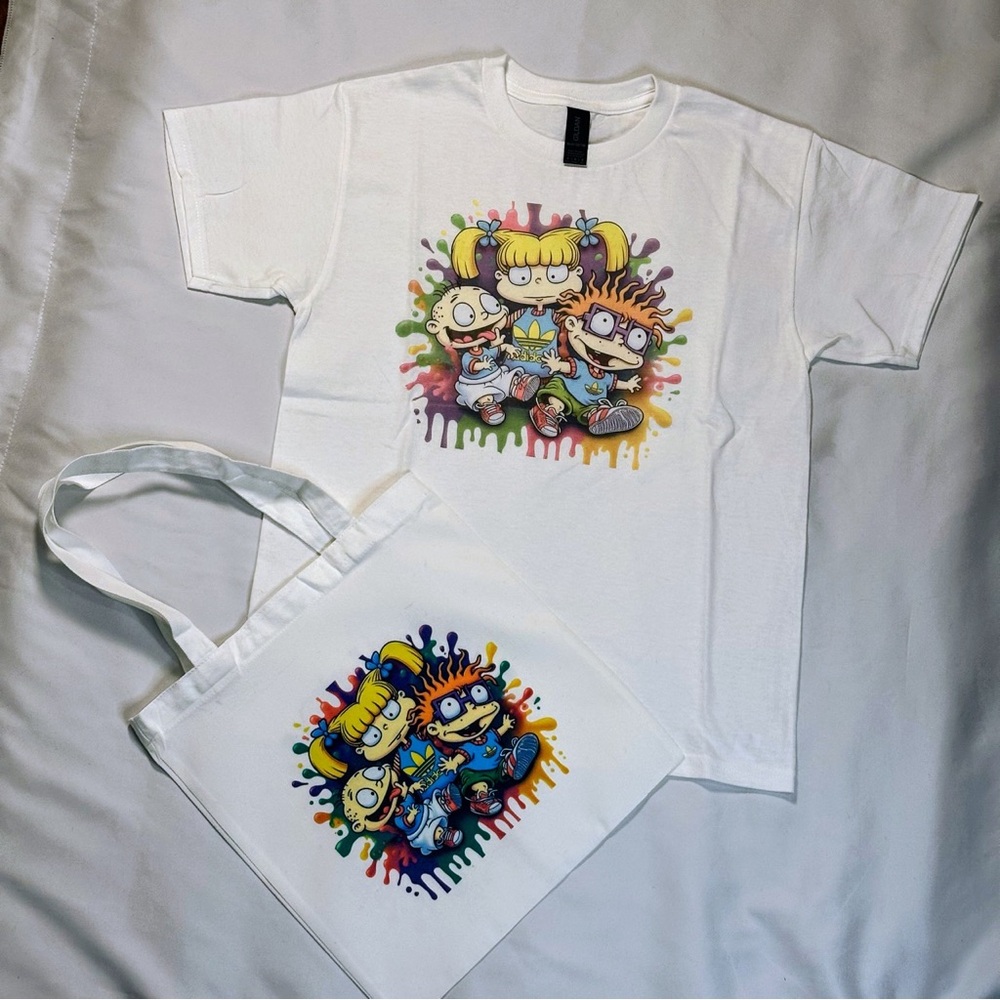 Rugrats Tee & Double Sided Tote Bag Set with Colorful Splash Graphic M-Youth
